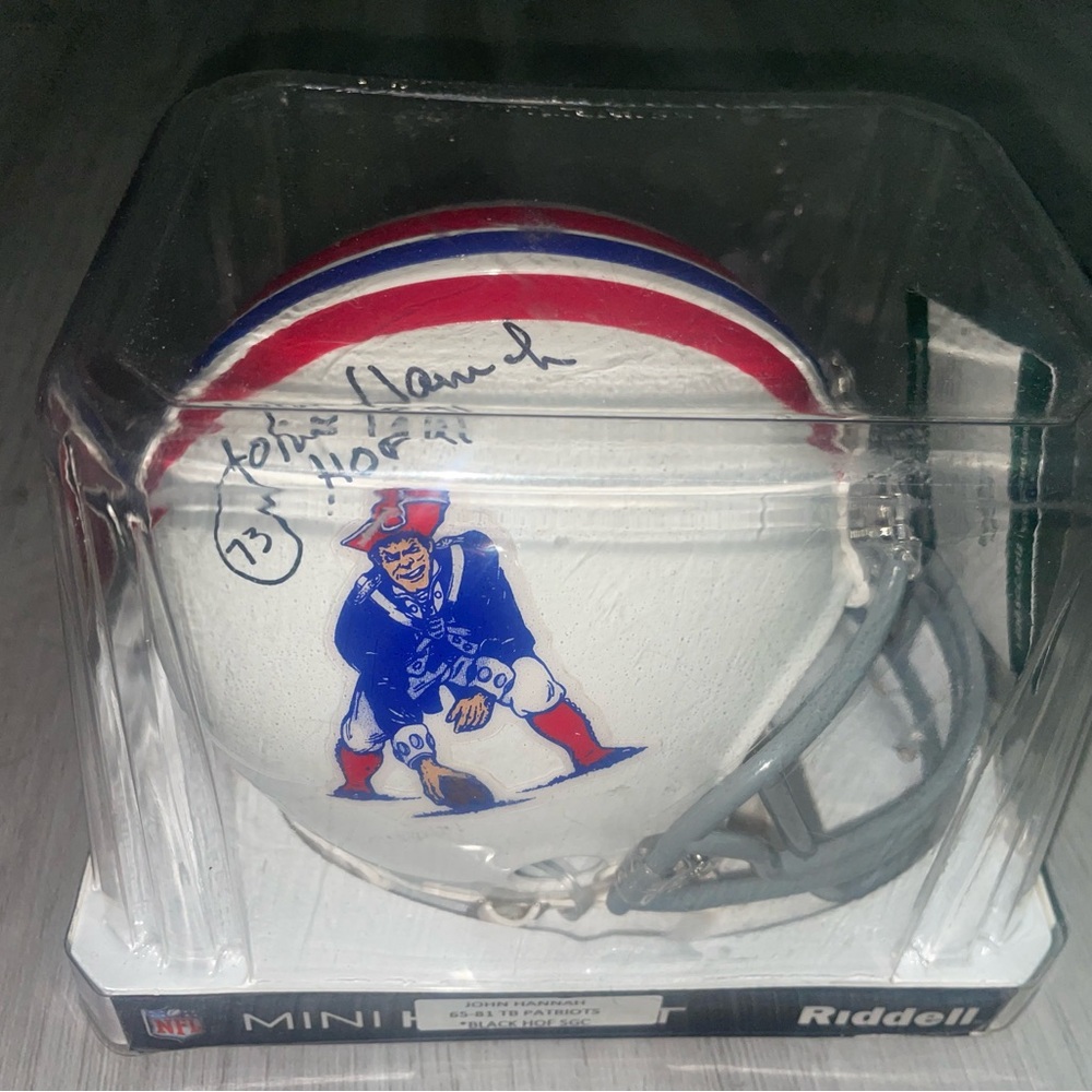 New England Patriots Mini Football Helmet signed by JOHN HANNAH!!
